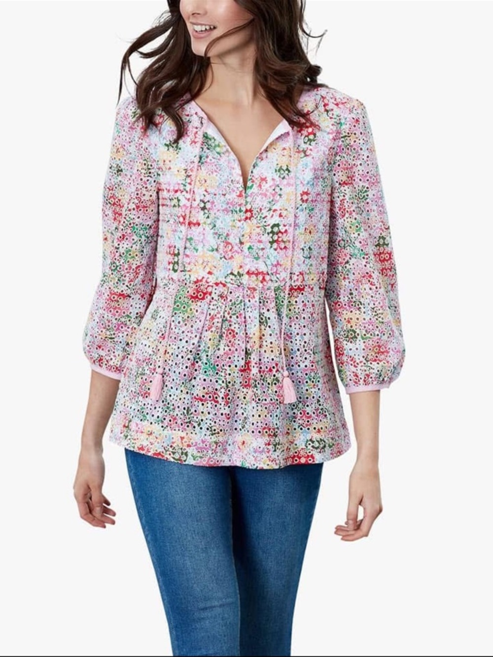 Joules Daria White Meadow Eyelet Peasant Blouse - Floral Multi - Size Small